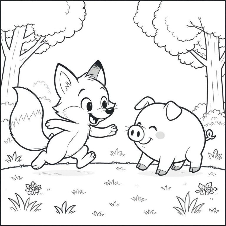 This coloring page features a fox and a pig standing together in a forest surrounded by tall trees.