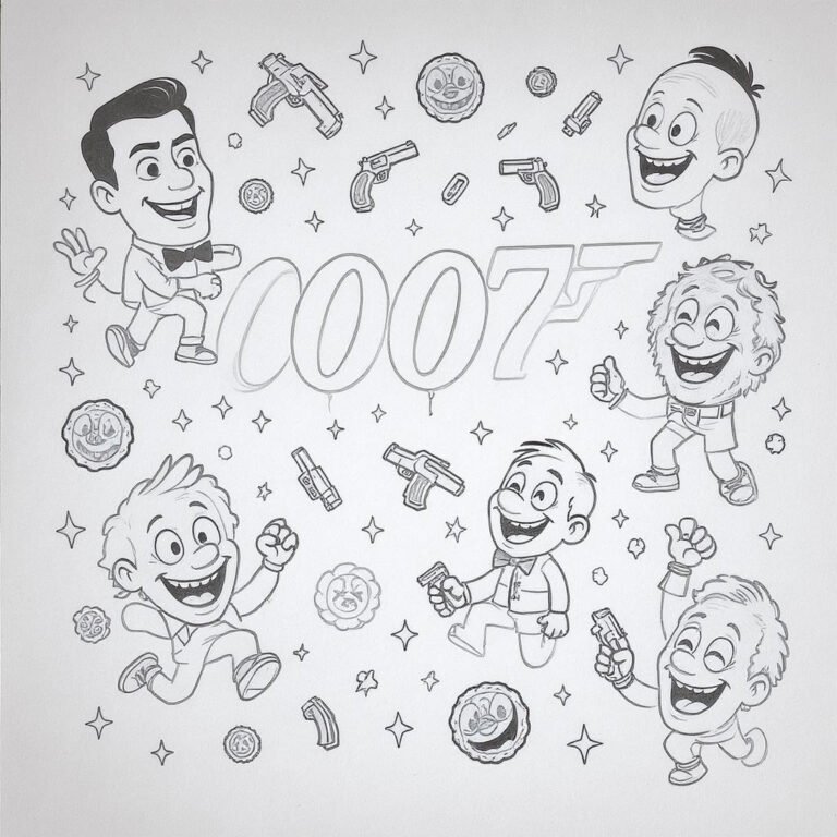 This coloring page features miniature agent sketches, spy gadgets, and classic 007-themed symbols arranged in a playful, collage-style layout.
