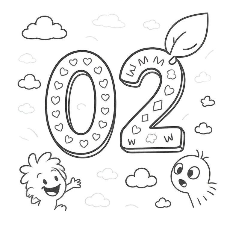 This coloring page features the number "02" with a large leaf pattern on it.