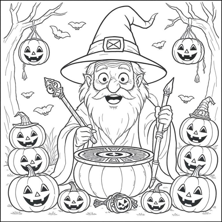 This coloring page features a wizard stirring a bubbling cauldron under a tree surrounded by Jack-o’-Lanterns.
