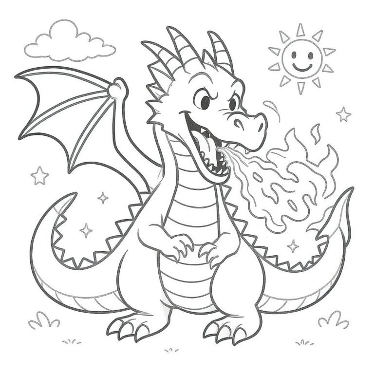 This coloring page features a dragon blowing out a stream of fire on a sunny day.