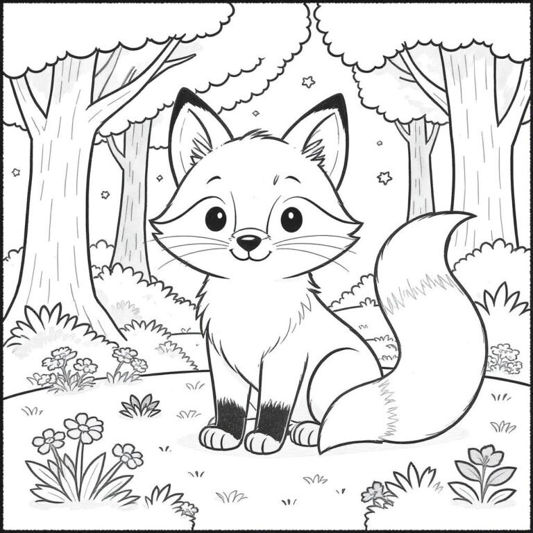 This coloring page features a cute fox sitting in a forest beneath tall trees.
