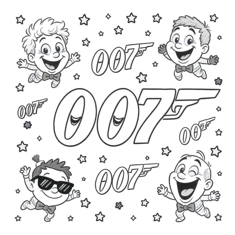 This coloring page features the 007 logo surrounded by faces.