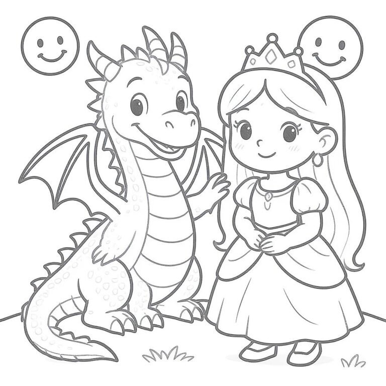 This coloring page features a dragon and a princess with two emojis in the background.