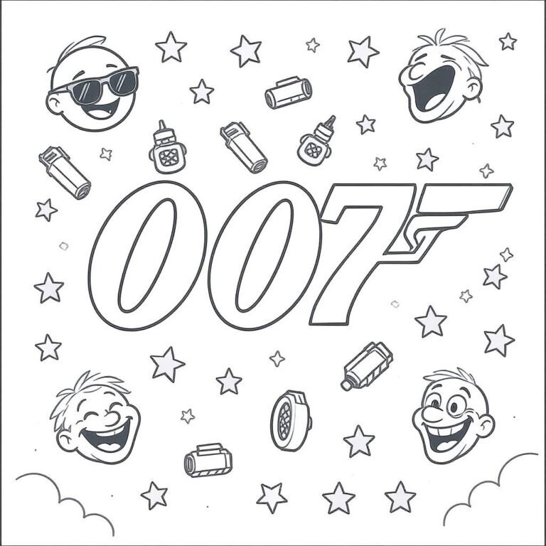 This coloring page features expressive agent heads and tech icons circling the 007 logo, evoking fun, emoji-style designs.
