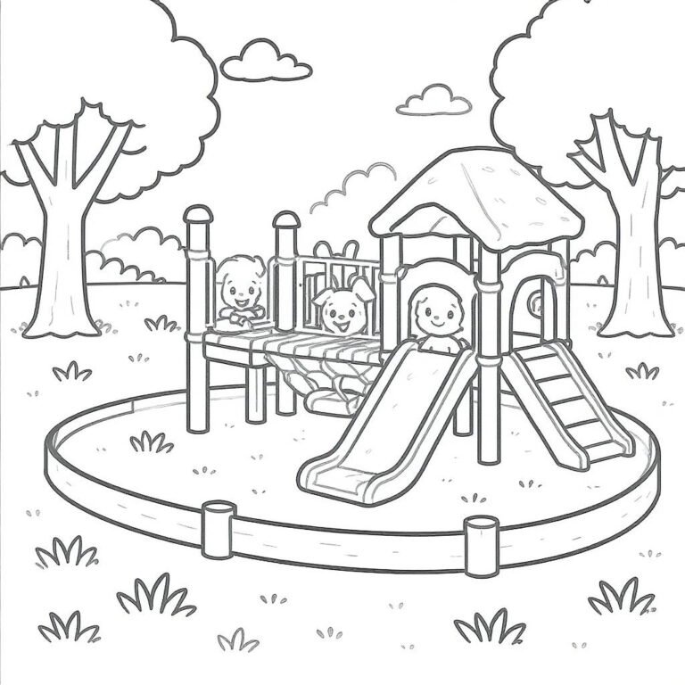 This coloring page features a playground with slides and trees.