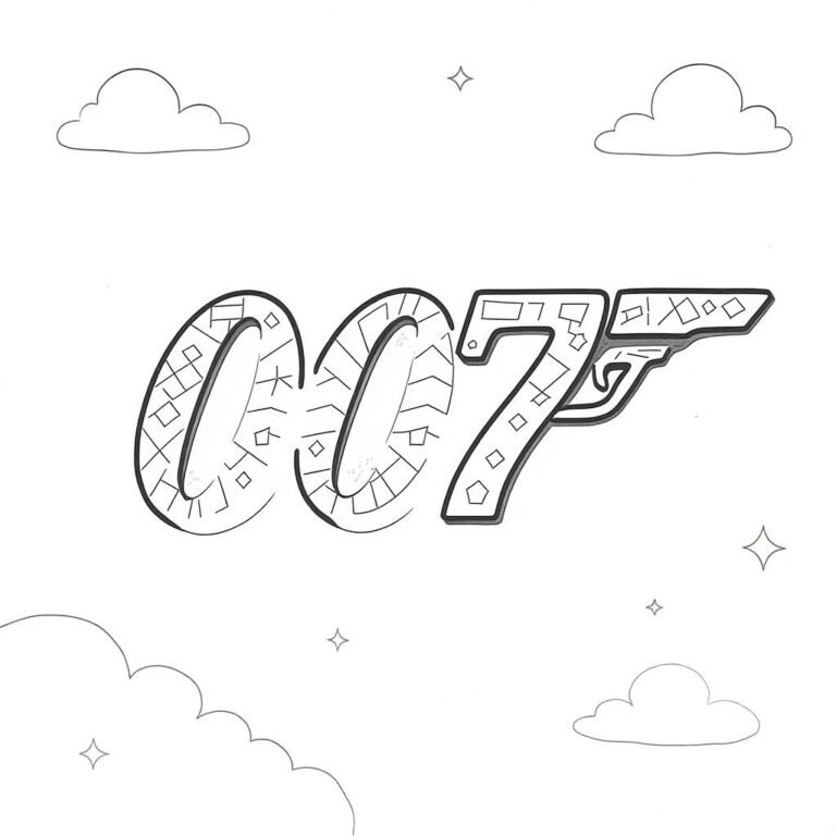 This coloring page features a clean 007 logo set against floating clouds and soft detail for relaxed coloring.