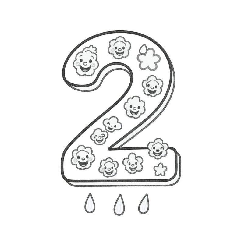 This coloring page features the number "2" filled with cheerful emojis.