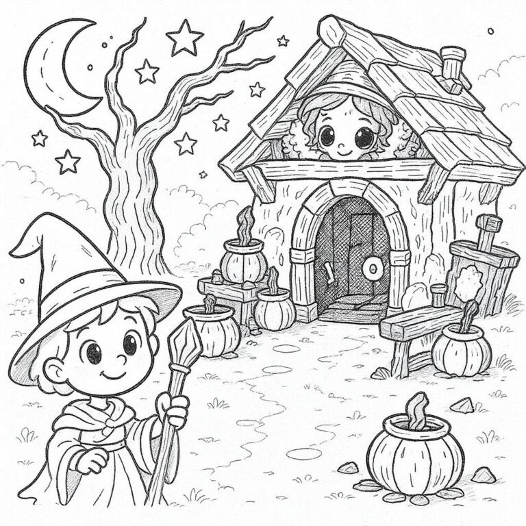 This coloring page features a child dressed in a witch costume, standing in front of a witch's lair with a spooky tree outside.