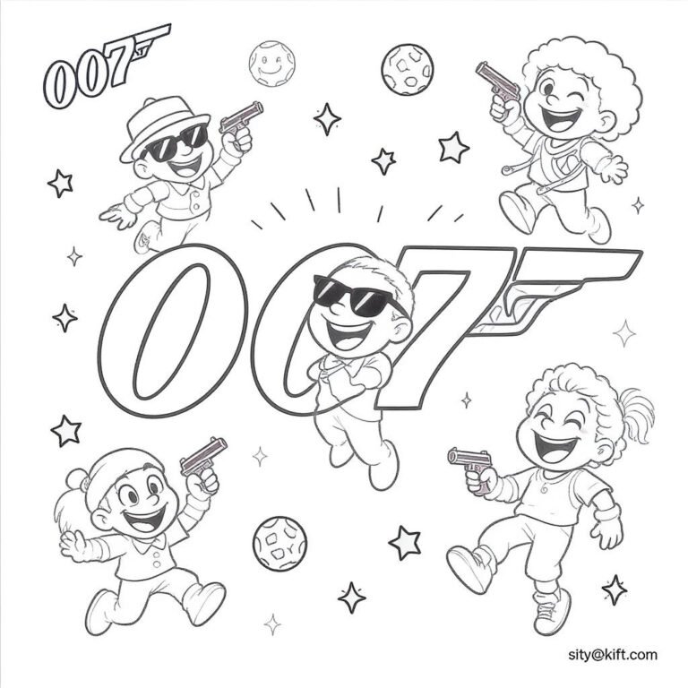 This coloring page features agents and their animal sidekicks, creating a kid-friendly spy world next to the 007 logo.
