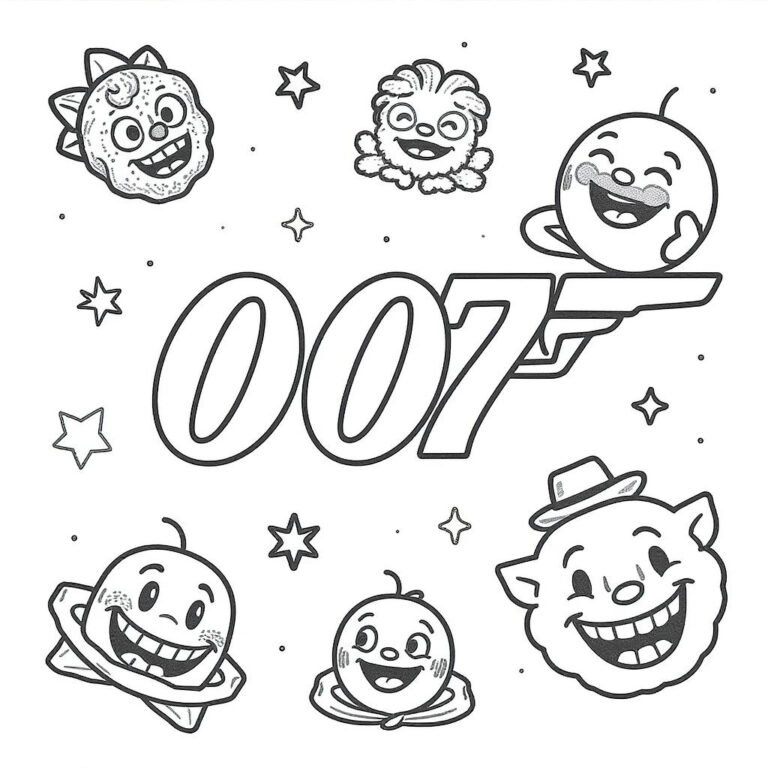 This coloring page features a playful collage of stars, and emojis decorating the 007 logo.