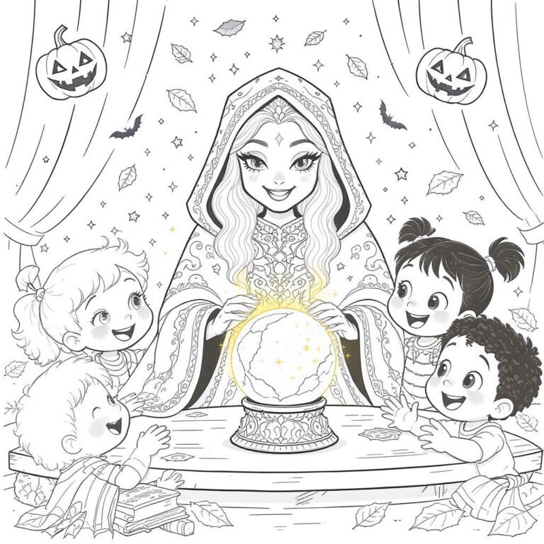 This coloring page features a witch casting a spell with a crystal ball in her witch’s lair, surrounded by curious and excited kids.