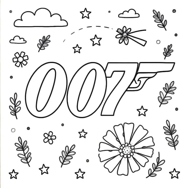 This coloring page features a decorative blend of leaves, flowers, and the 007 logo.