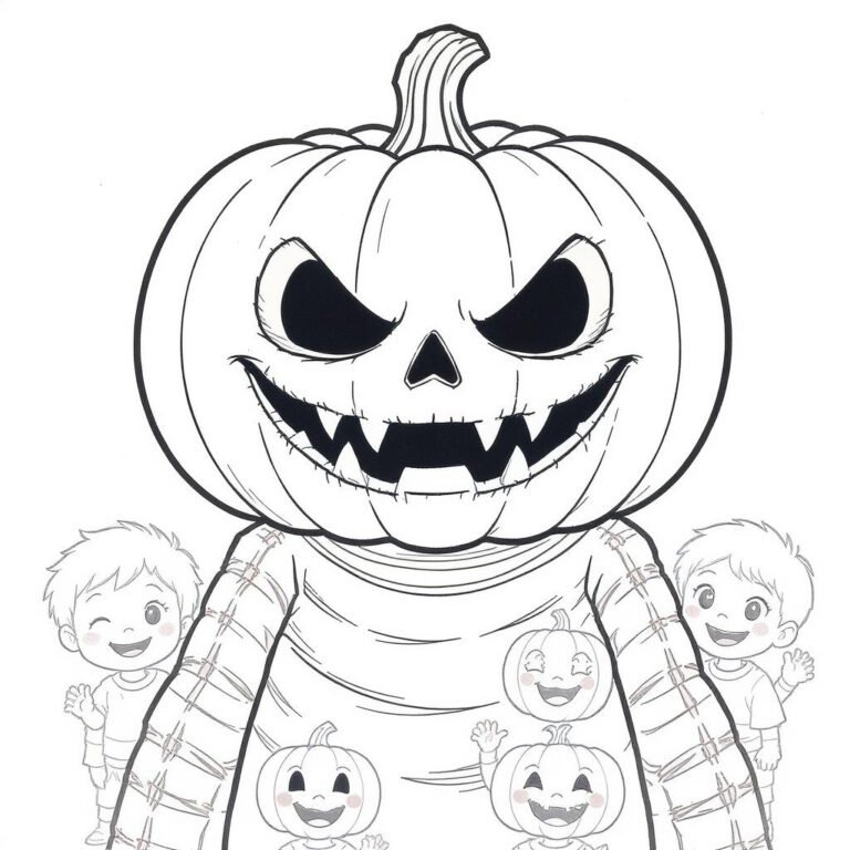 This coloring page features a spooky pumpkin head in a simple setting.
