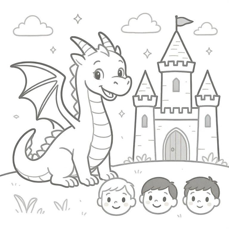 This coloring page features a dragon sitting in front of a castle, with three kids' faces displayed.