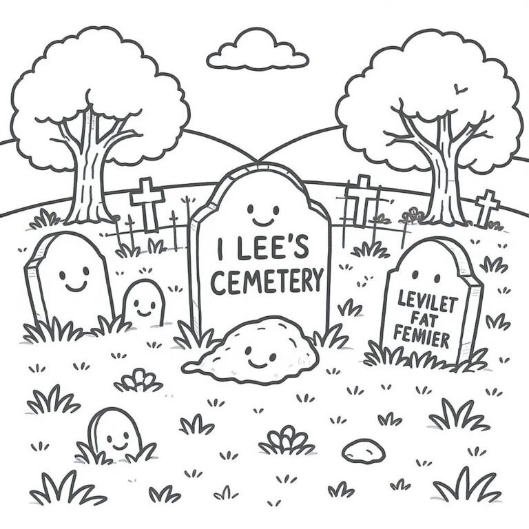 This coloring page features a cemetery with several tombstones and inscriptions.