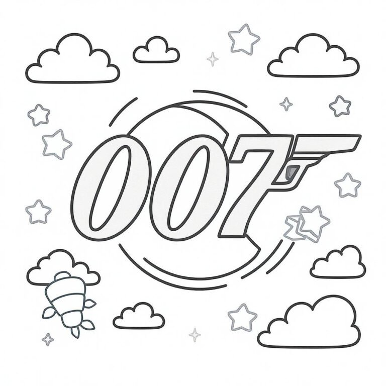 This coloring page features a simple 007 logo amidst whimsical cloud patterns for early learners and younger kids.