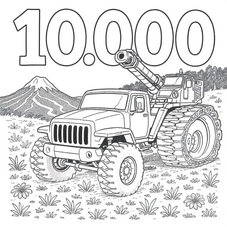 This coloring page features the number 10,000 above a truck on a grassy field surrounded by hills.