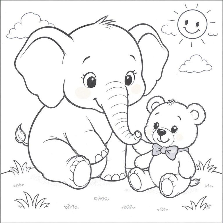 This coloring page features an elephant sitting with a teddy bear on a sunny afternoon.