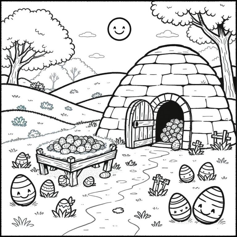 This coloring page features the Garden Tomb set in a peaceful landscape with tall trees, surrounded by Easter eggs and a table of Easter eggs outside the tomb.