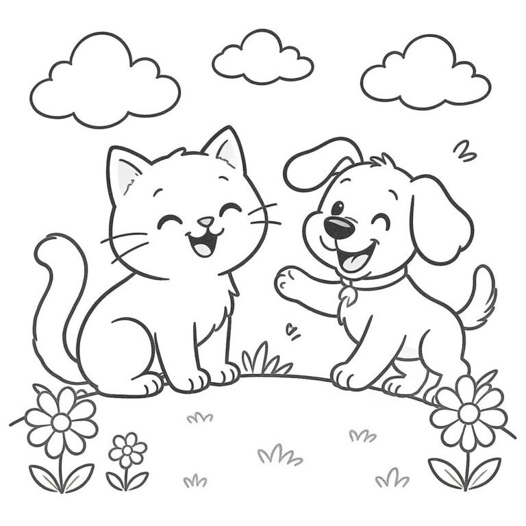 This coloring page features a cute cat and a happy dog having fun.