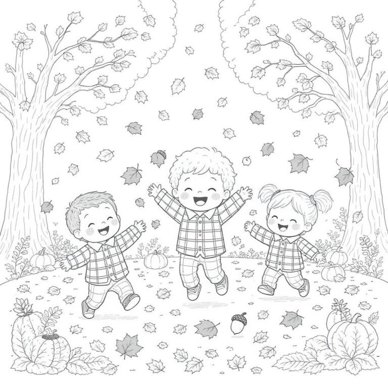 This coloring page features joyful children jumping and celebrating the autumn season, surrounded by colorful fall leaves.