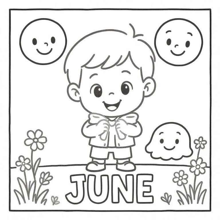 This coloring page features a young boy with the word "June" beneath him, surrounded by vibrant flowers.