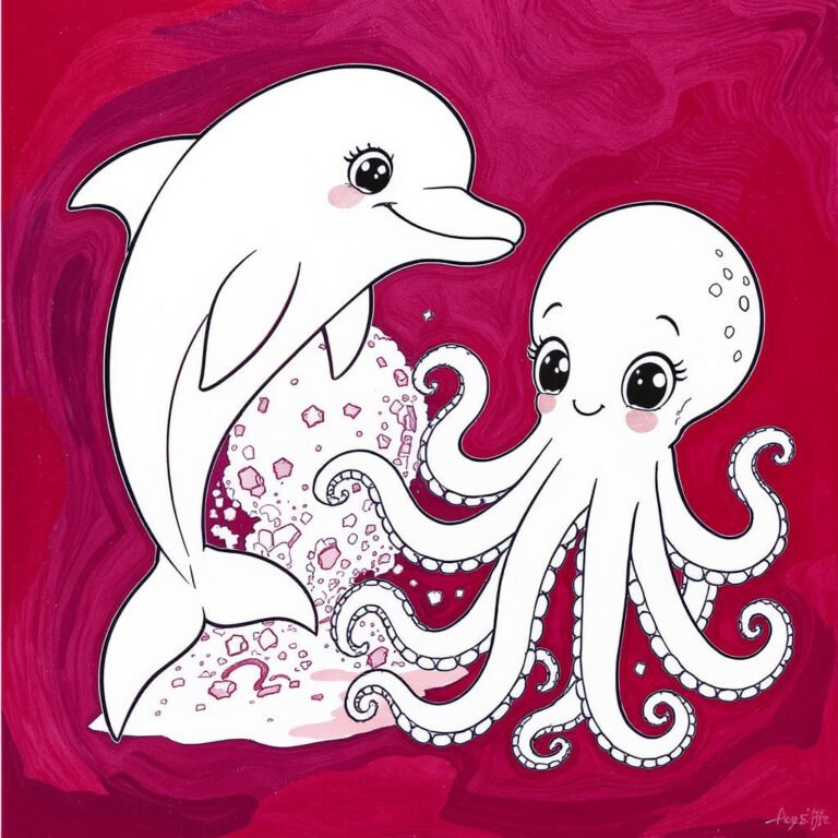 This coloring page features a dolphin with an octopus.