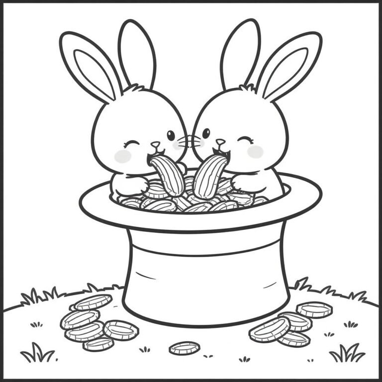 This coloring page features two cute bunnies in magician hat with a wink on their faces.