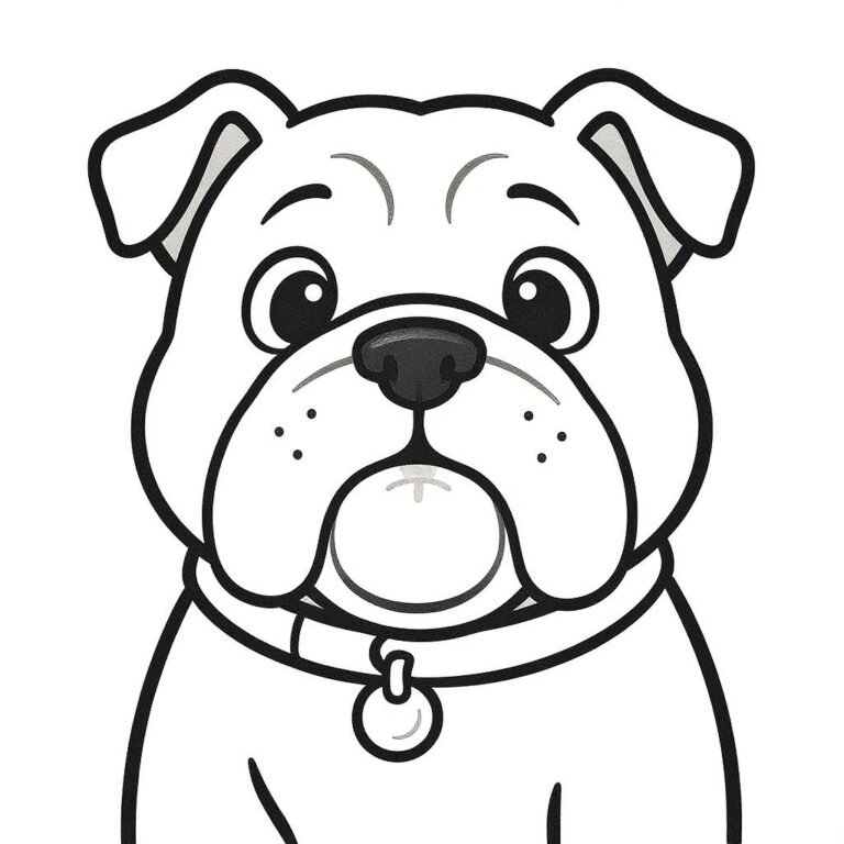 This coloring page features a lovable Bulldog with a large head, wrinkled face, and short body, showing a friendly expression.