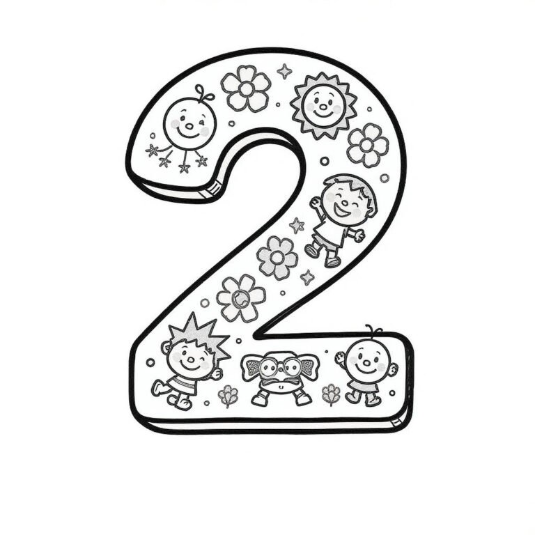 This coloring page features the number "2" filled with flowers, and the sun.