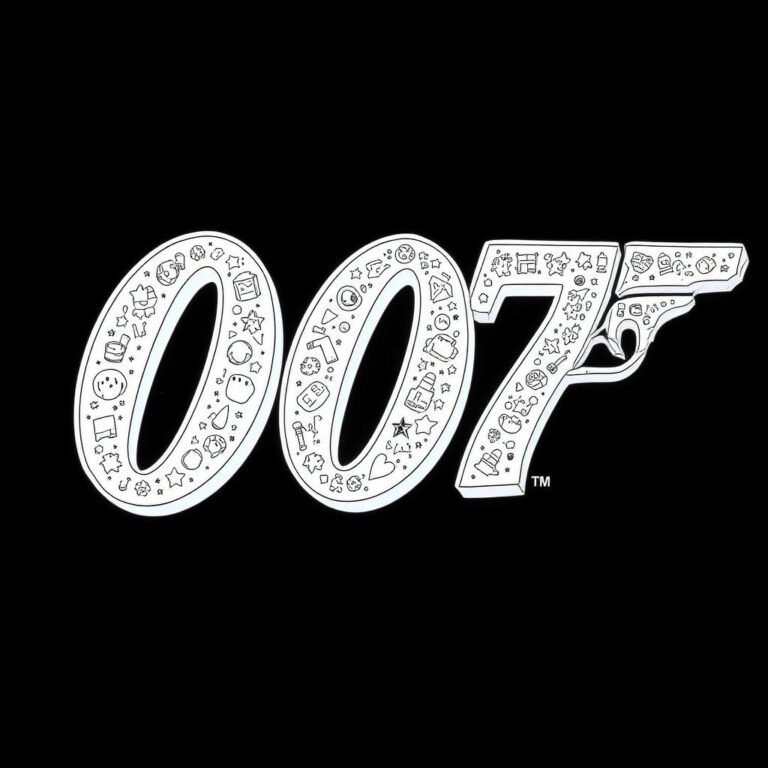 This coloring page features a solid black background with a glowing white 007 gun-barrel logo.