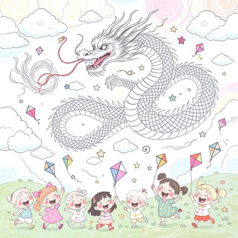 This coloring page features a dragon with a long tongue flying above a group of kids joyfully playing with a kite.