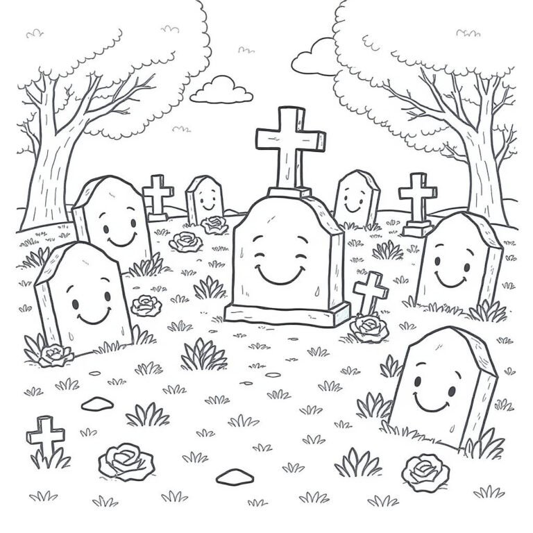 This coloring page features a cemetery filled with numerous tombstones, surrounded by trees on a cloudy day.