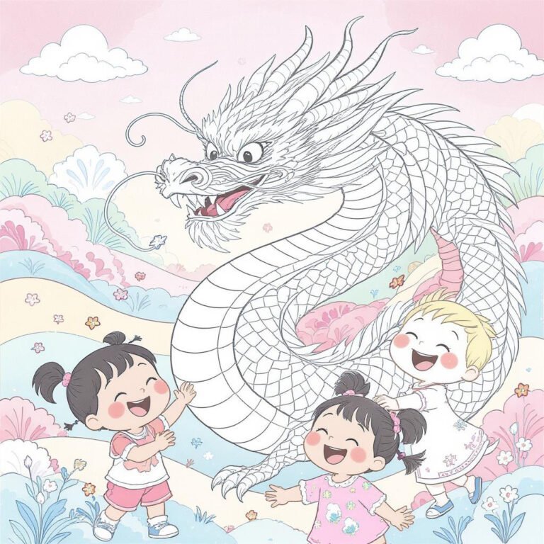 This coloring page features a dragon with intricate scales with three happy children in a colorful landscape.