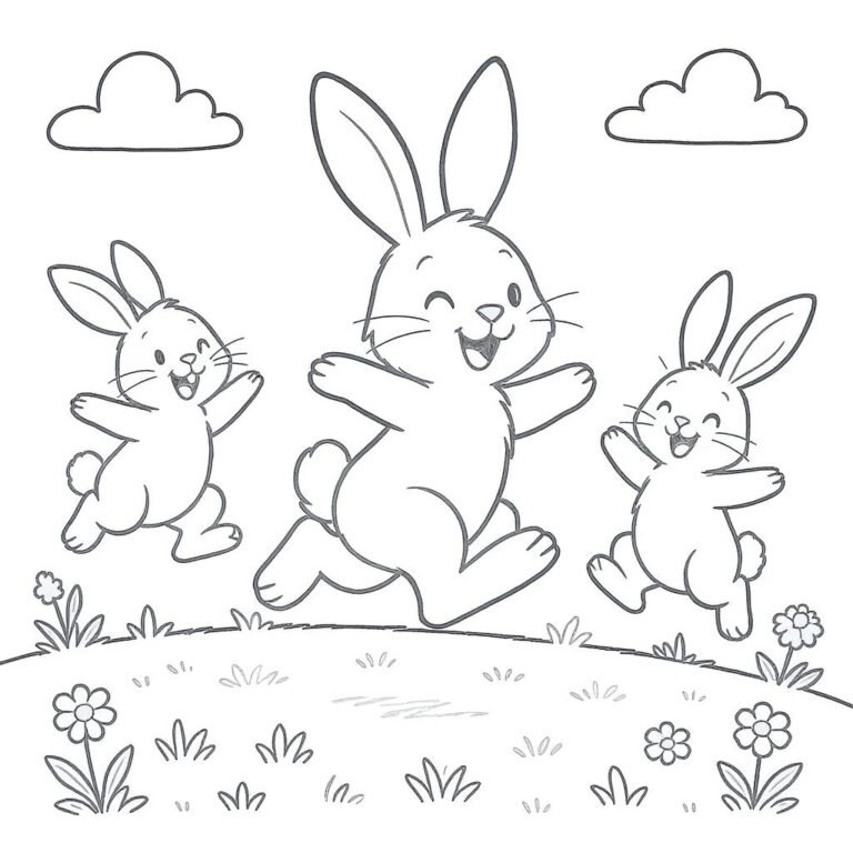 This coloring page features three fluffy bunnies dancing happily around with a huge smile on their faces.