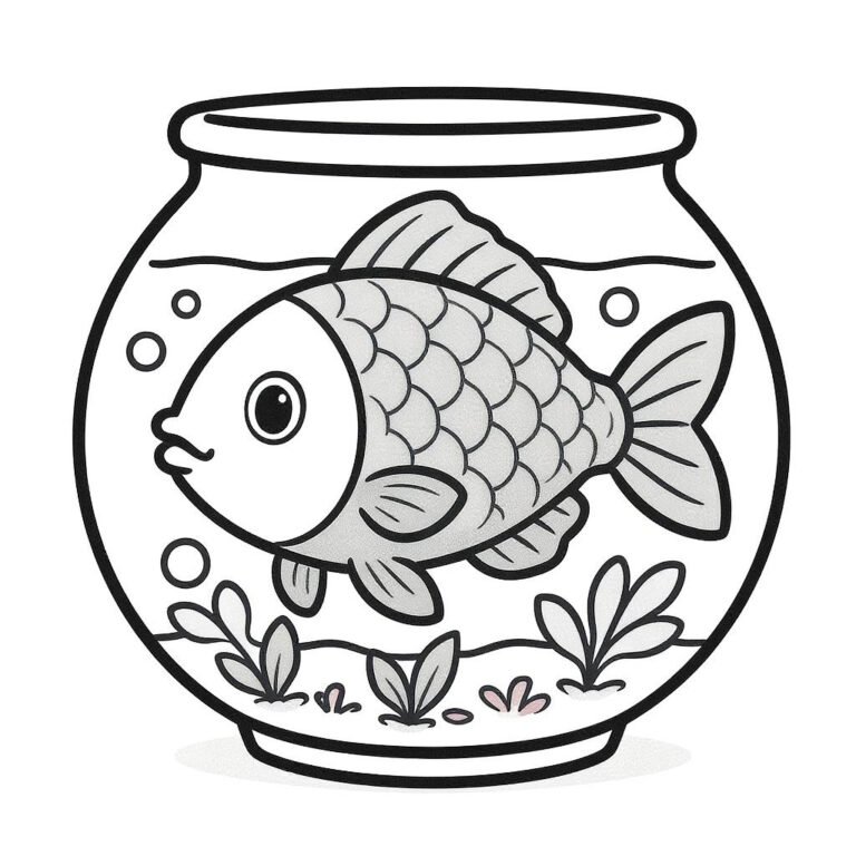 This coloring page features a beautifully detailed fish inside a fishbowl filled with water.