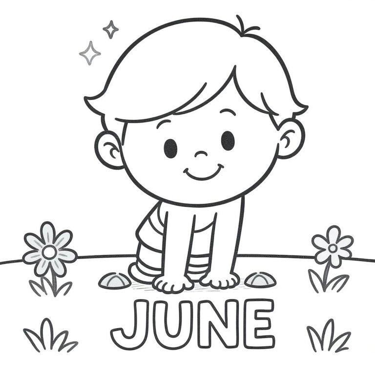 This coloring page features a young boy on his hands and knees, with the word "June" written beneath him.