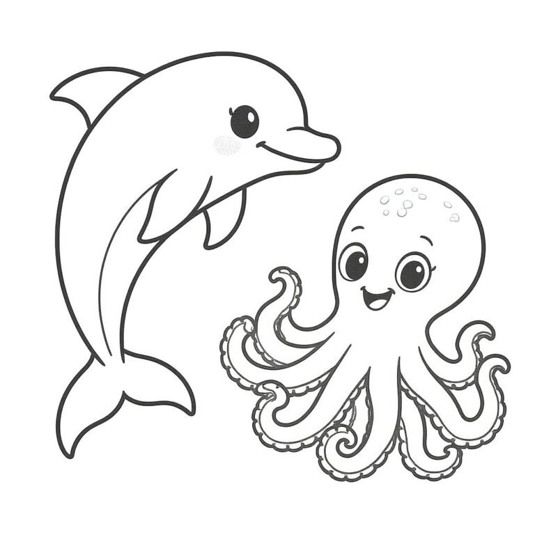This coloring page features a dolphin with an octopus in a simple setting.