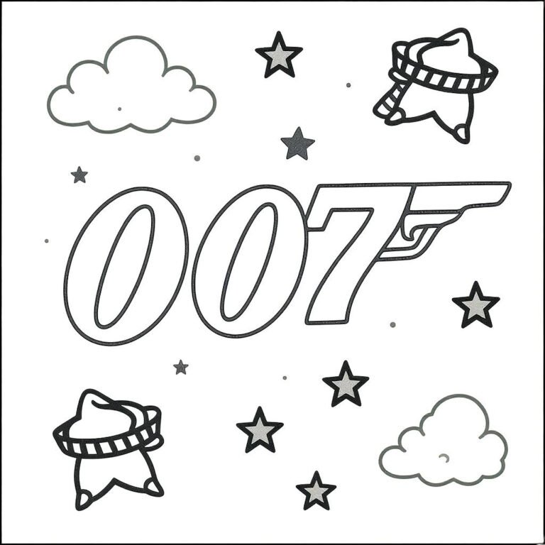 This coloring page features the iconic 007 logo surrounded by whimsical clouds and scattered stars, creating a dreamy spy-themed atmosphere