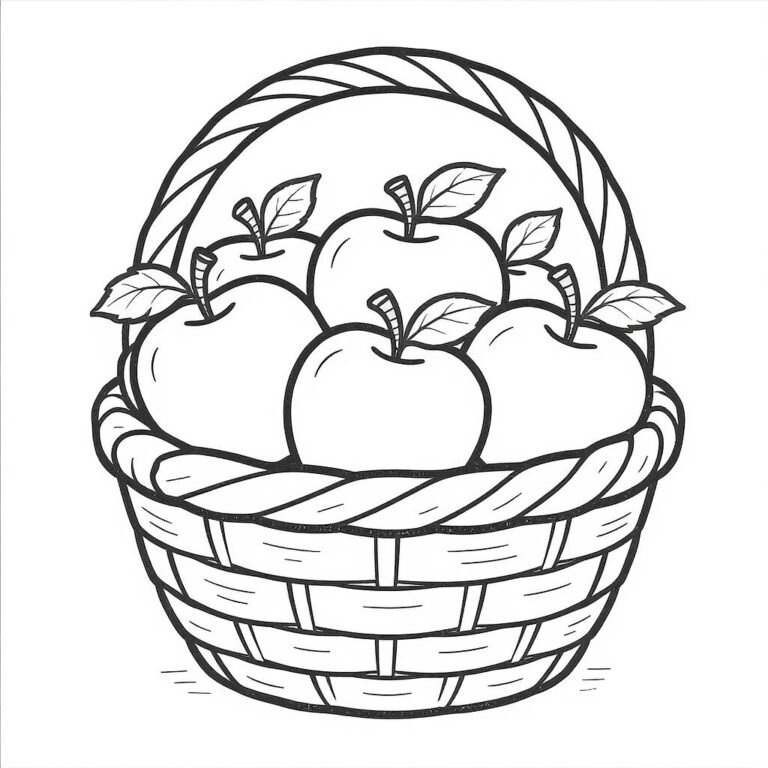 This coloring page features 6 apples in a cute basket.