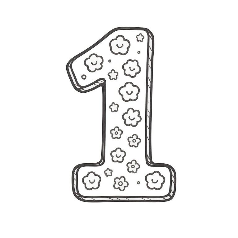 This coloring page features the number 1 decorated with flowers.