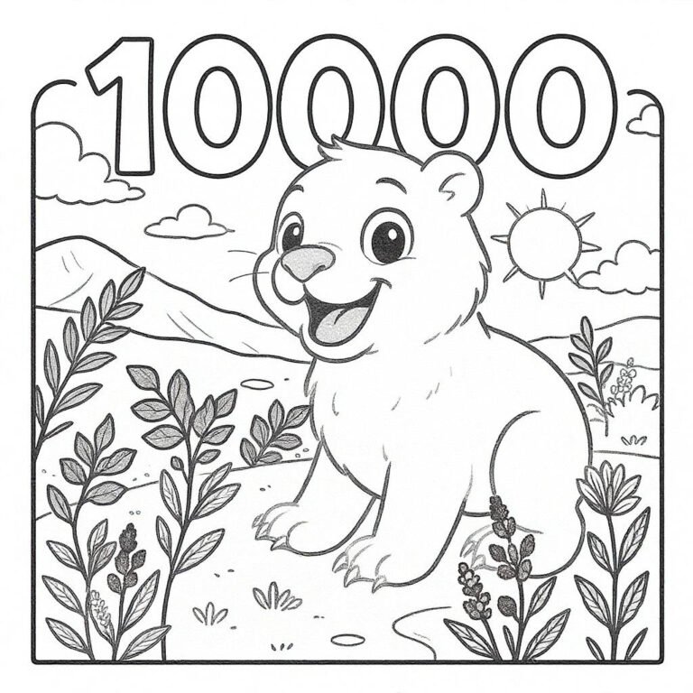 This coloring page features the number 10,000 above a cute little puppy on a field with blooming flowers.