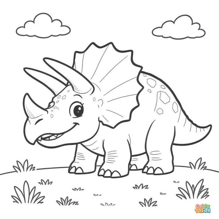 This coloring page features a Triceratops standing on a grassy field with fluffy clouds above it.