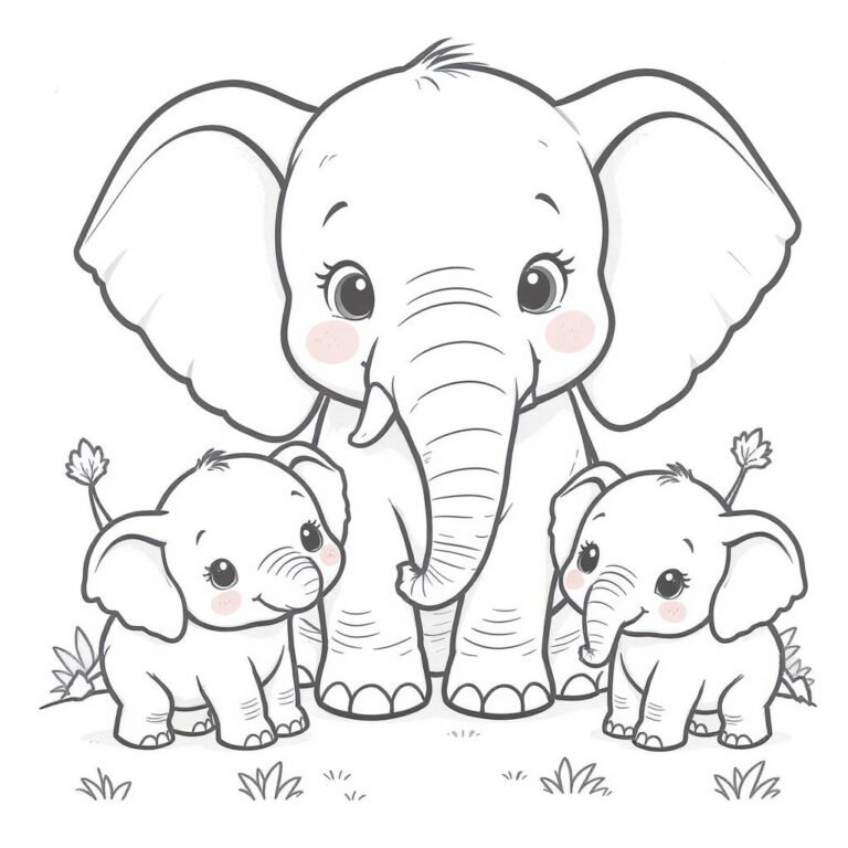 This coloring page features an elephant walking with its two babies.