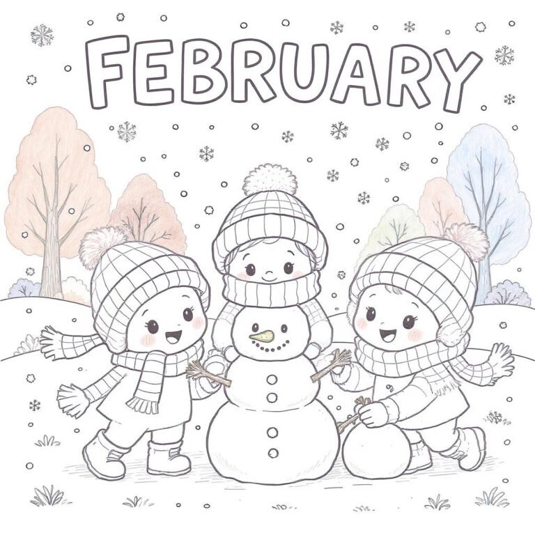 This coloring page features three children building a snowman with snowflakes falling around them. The word "FEBRUARY" appears in bold letters across the top.