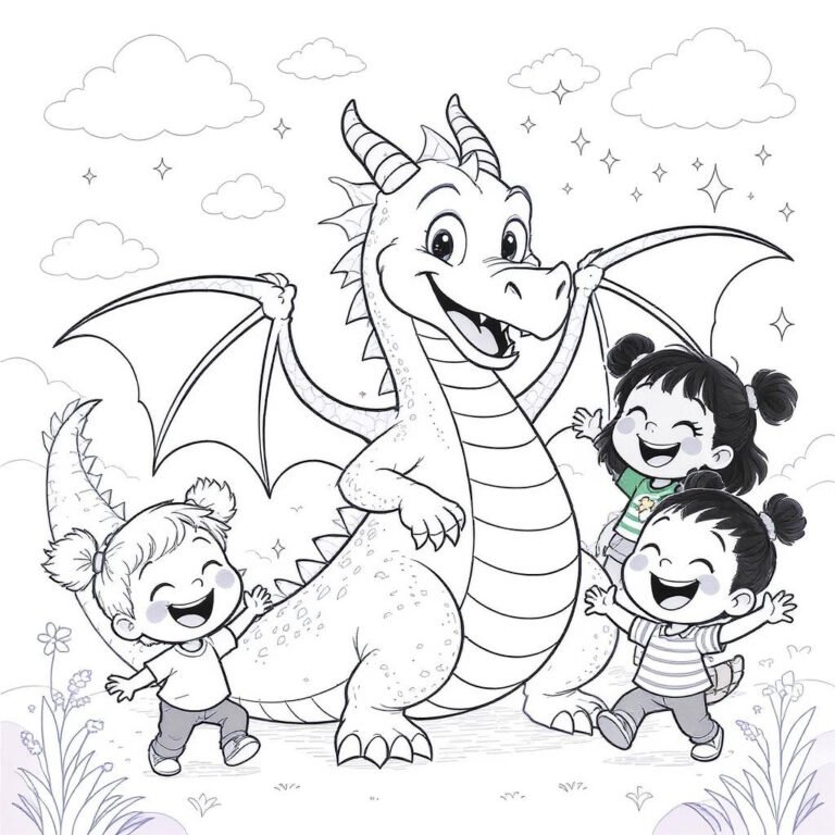 This coloring page features a dragon and three happy kids under a fluffy cloud.