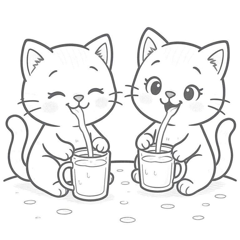 This coloring page features two cats sitting side-by-side, each holding a mug.