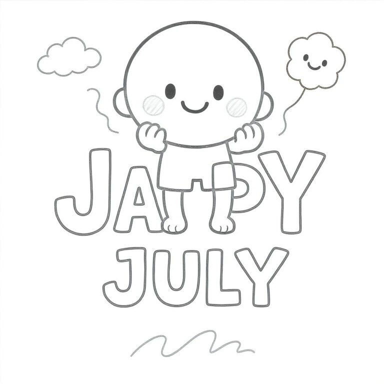This coloring page features “JAPPY JULY” with a cute boy illustration.