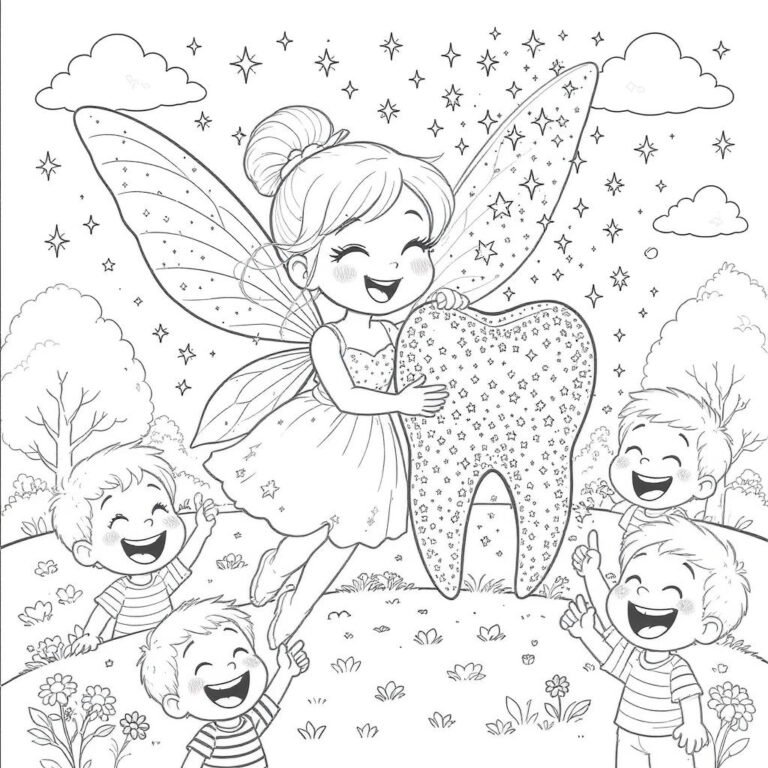 This coloring page features a flying fairy holding a tooth, with happy children gazing up at her.